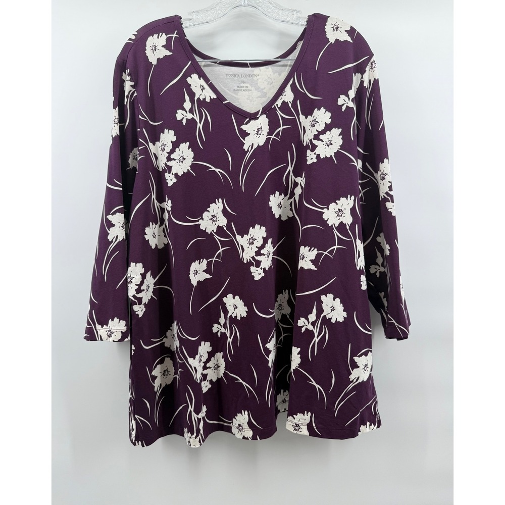 Jessica London Purple Floral V-Neck 3/4 Sleeve Tunic Top Plus Size 22/24 1X